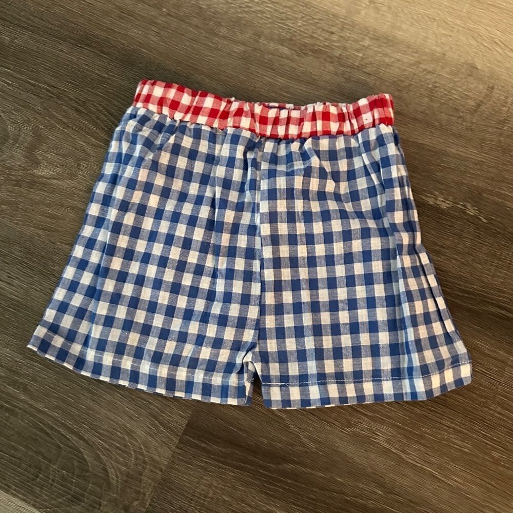 mudpie baby blue white and red checkered shorts